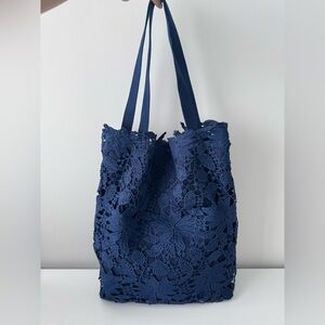 Canvas tote with crochet patterning - Royal Navy blue